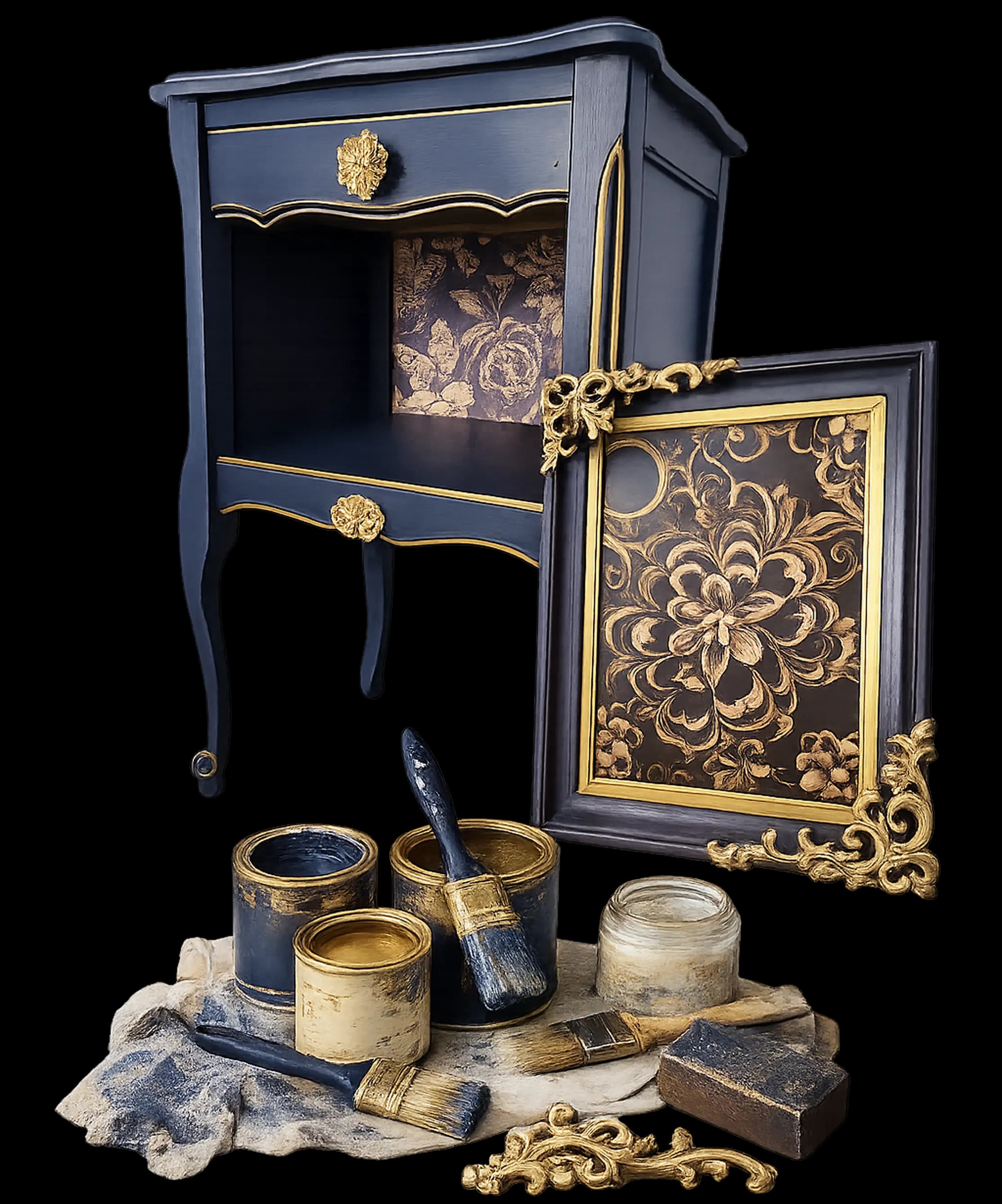 Chevet ancien restauré en bleu nuit et dorures, avec un cadre orné, des pots de peinture et des pinceaux